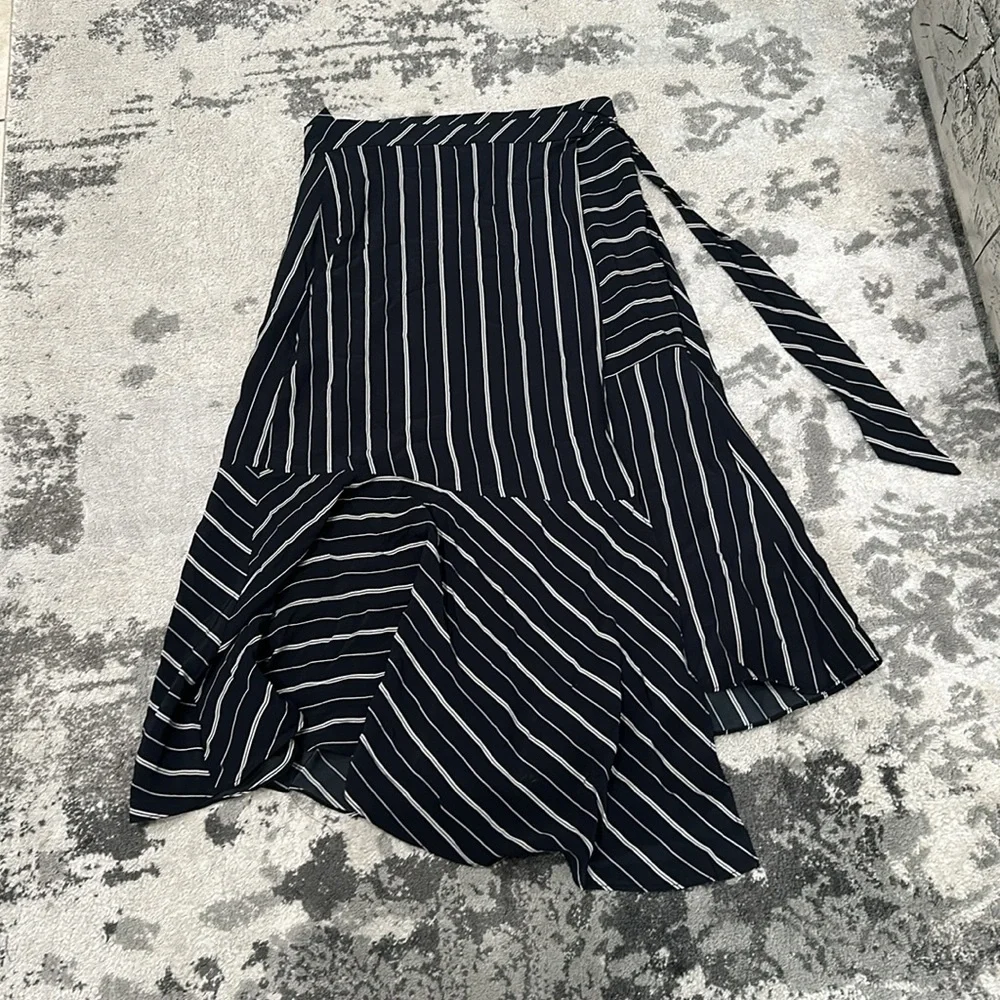 Joie navy blue and white stripped wrap around midi skirt